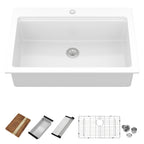 Logmey 33x22 Heavy Duty Glossy White Ceramic Drop-In Culinary Workstation Sink Combo