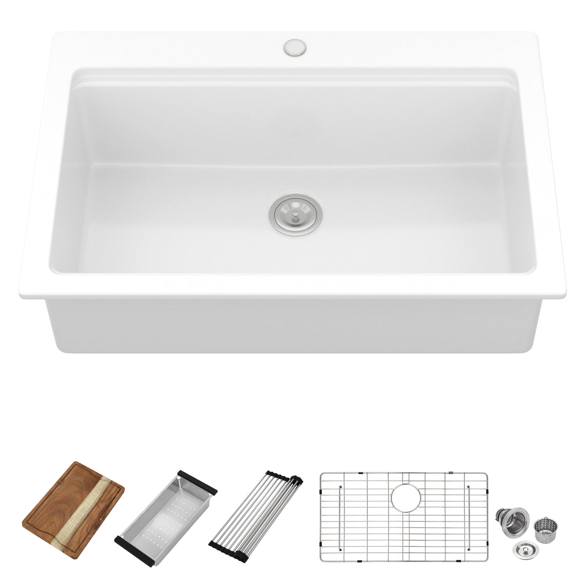Logmey 33x22 Heavy Duty Glossy White Ceramic Drop-In Culinary Workstation Sink Combo