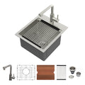 Logmey 15" Outdoor Undermount Workstation Sink with Faucet Set for Backyard, Bar & RVorkstation Bar Sink - Drop-In Single Bowl with Pull-out Faucet - Silver Stainless Steel