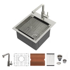 Logmey 15" Outdoor Undermount Workstation Sink with Faucet Set for Backyard, Bar & RVorkstation Bar Sink - Drop-In Single Bowl with Pull-out Faucet - Silver Stainless Steel