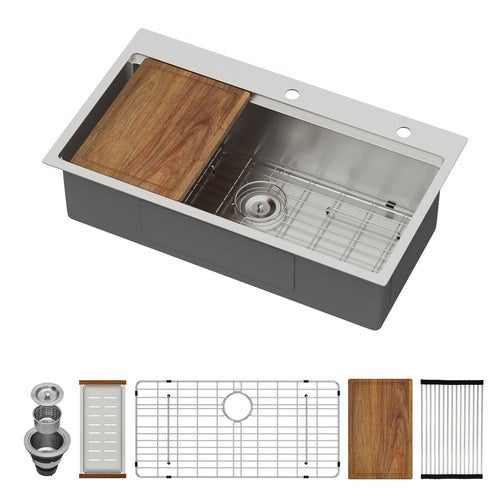 Logmey 33'' Workstation Kitchen Sink - Drop-In Single Bowl - Silver Stainless Steel