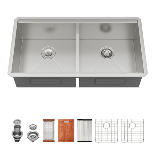 36'' x 19'' 16 Gauge Workstation Undermount 50/50 Double Bowl Low Divide Stainless Steel Kitchen Sink with with Colander, Cutting Board, Strainer and Dish-Drying Rack