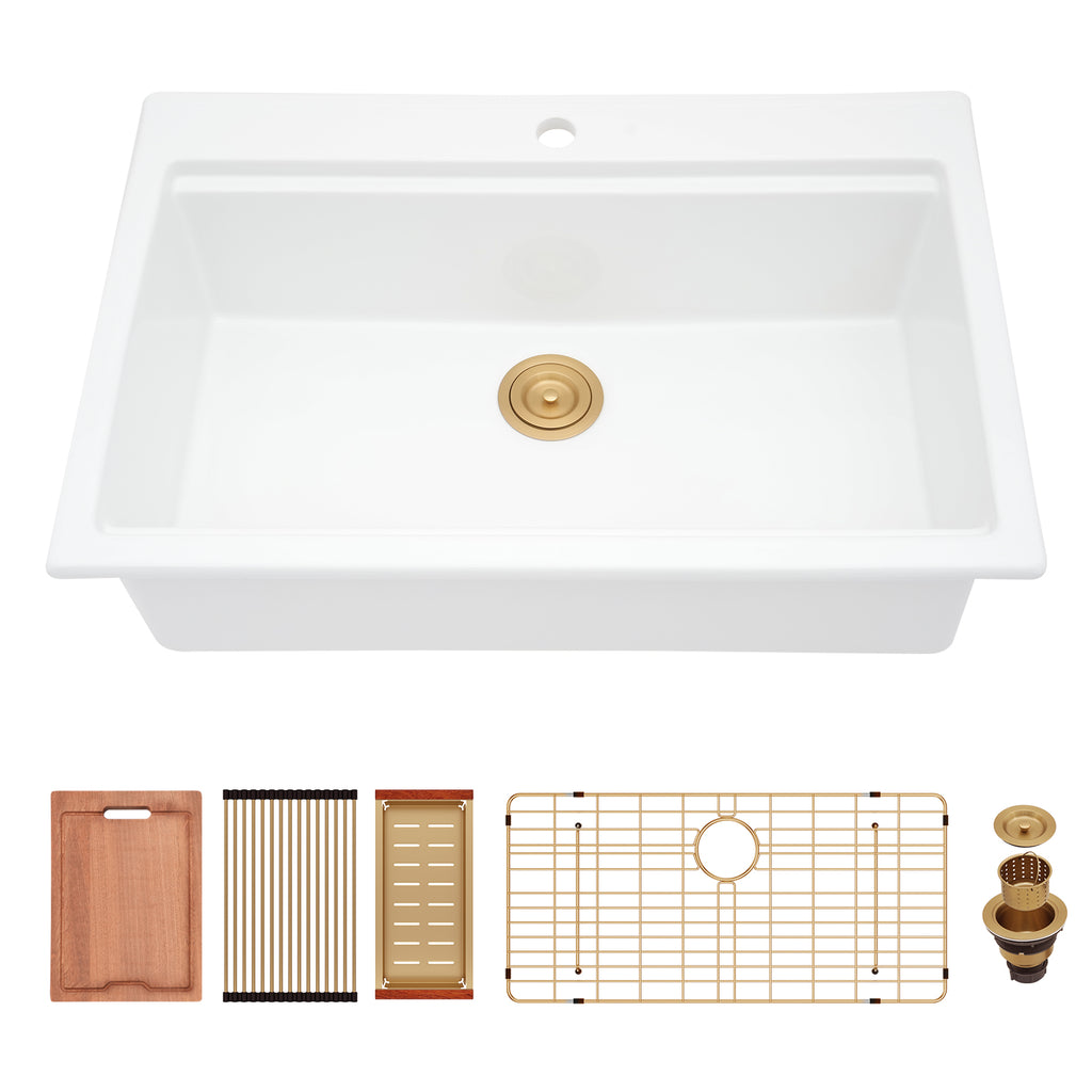 Logmey 33x22 Heavy Duty Glossy White Ceramic Drop-In Culinary Workstation Kitchen Sink Combo
