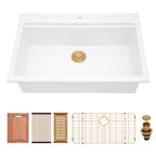 Logmey 33x22 Heavy Duty Glossy White Ceramic Drop-In Culinary Workstation Kitchen Sink Combo
