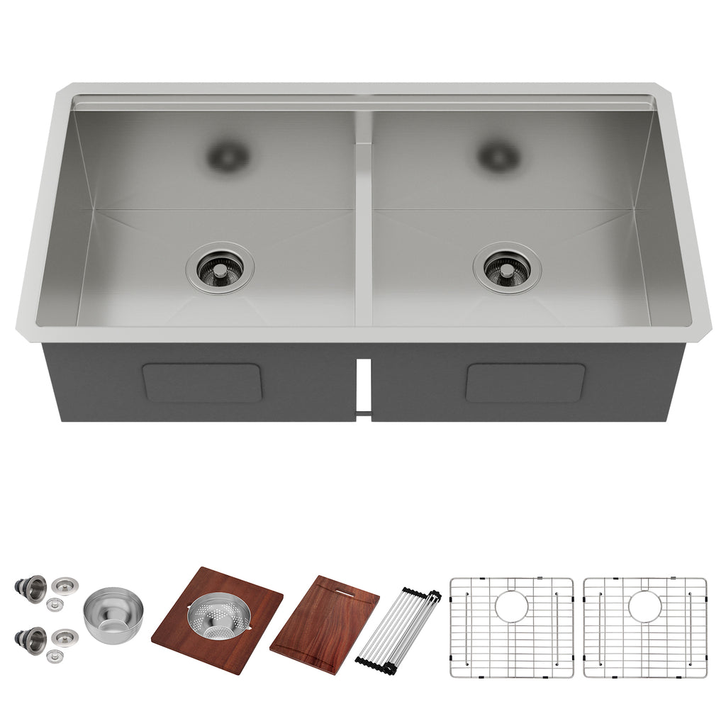 Logmey 36'' x 19'' Undermount 50/50 Double Bowl Workstation Kitchen Sink - 16 Gauge Stainless Steel 10'' Deep Low-Divide Basin with Pop-Up Drains