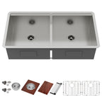 Logmey 36'' x 19'' Undermount 50/50 Double Bowl Workstation Kitchen Sink - 16 Gauge Stainless Steel 10'' Deep Low-Divide Basin with Pop-Up Drains
