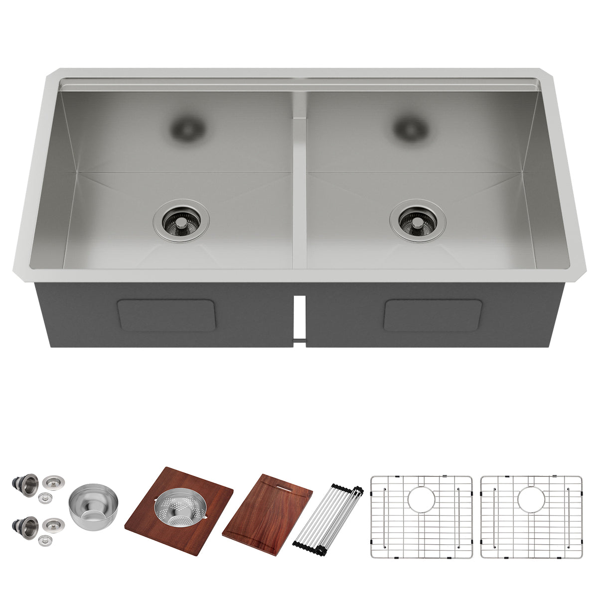 Logmey 36'' x 19'' Undermount 50/50 Double Bowl Workstation Kitchen Sink - 16 Gauge Stainless Steel 10'' Deep Low-Divide Basin with Pop-Up Drains
