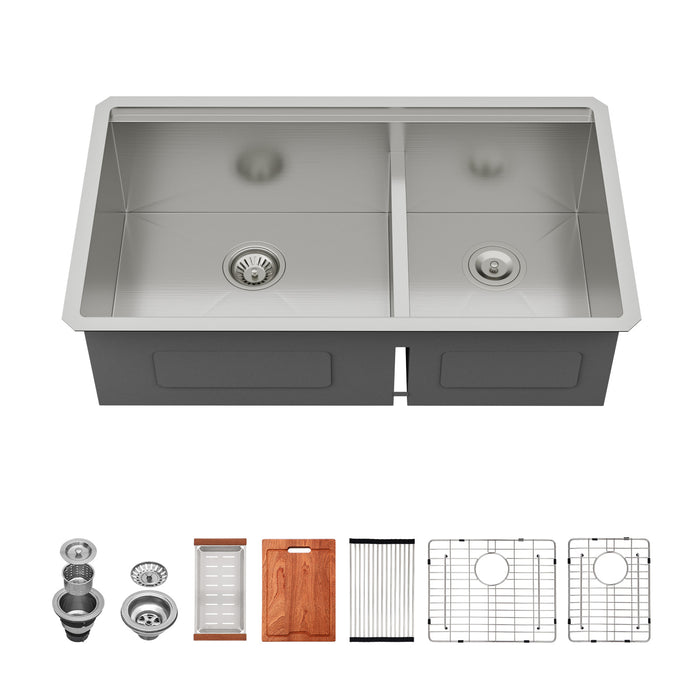 Logmey 33''x 19'' Undermount 16 Gauge Stainless Steel Workstation Double Bowl Kitchen Sink -50/50 Low-Divide