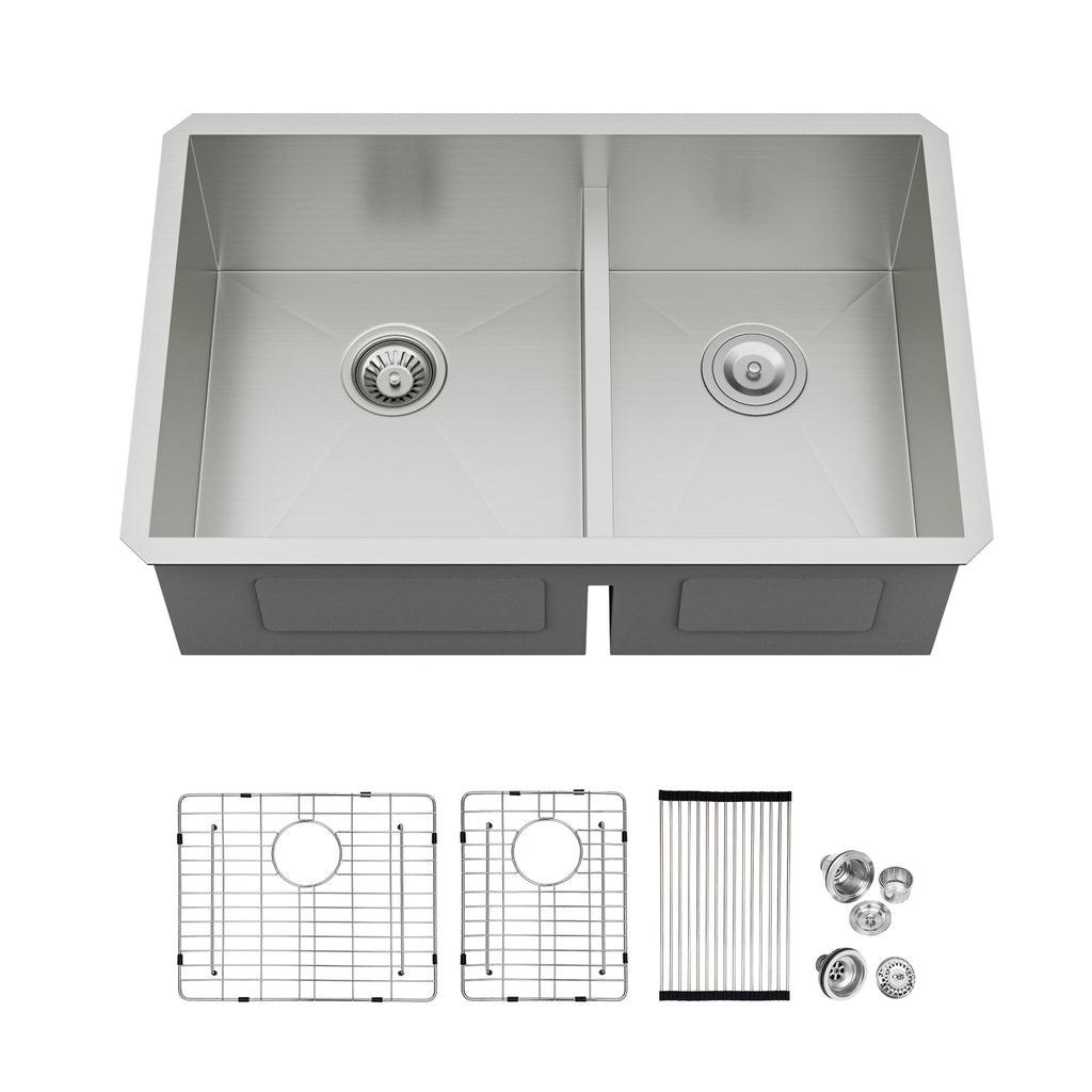 Logmey 30x19 Seamless Undermount 60/40 Double Bowl Kitchen Sink Combo