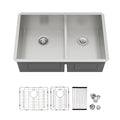 Logmey 30x19 Seamless Undermount 60/40 Double Bowl Kitchen Sink Combo