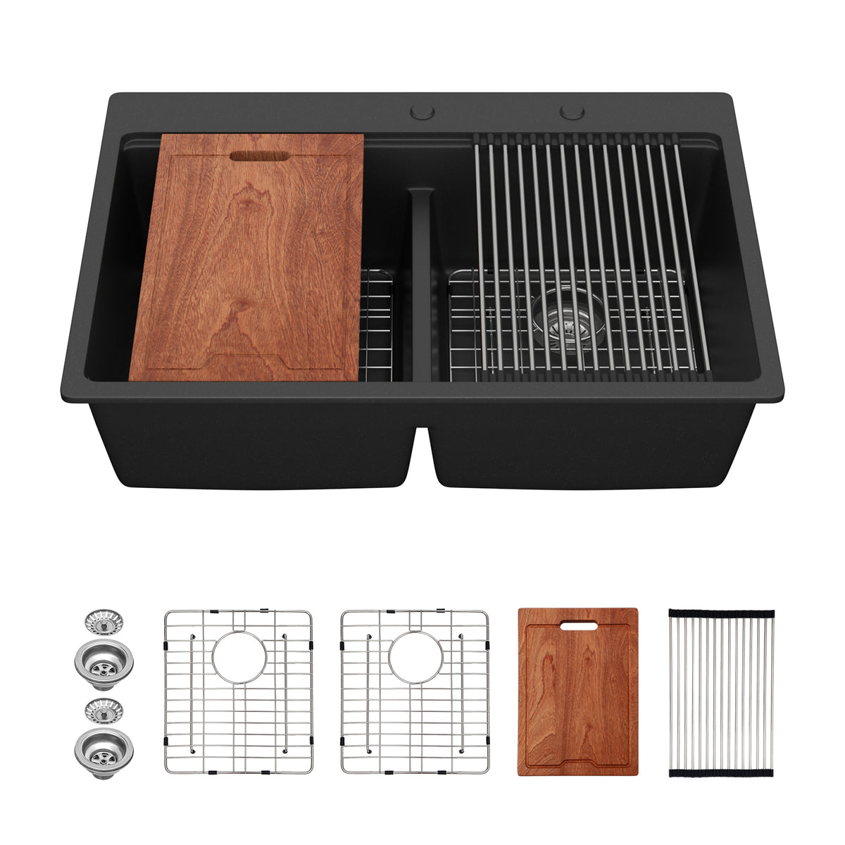 Logmey 33x19 Seamless Black Quartz Culinary Workstation Kitchen Sink Combo