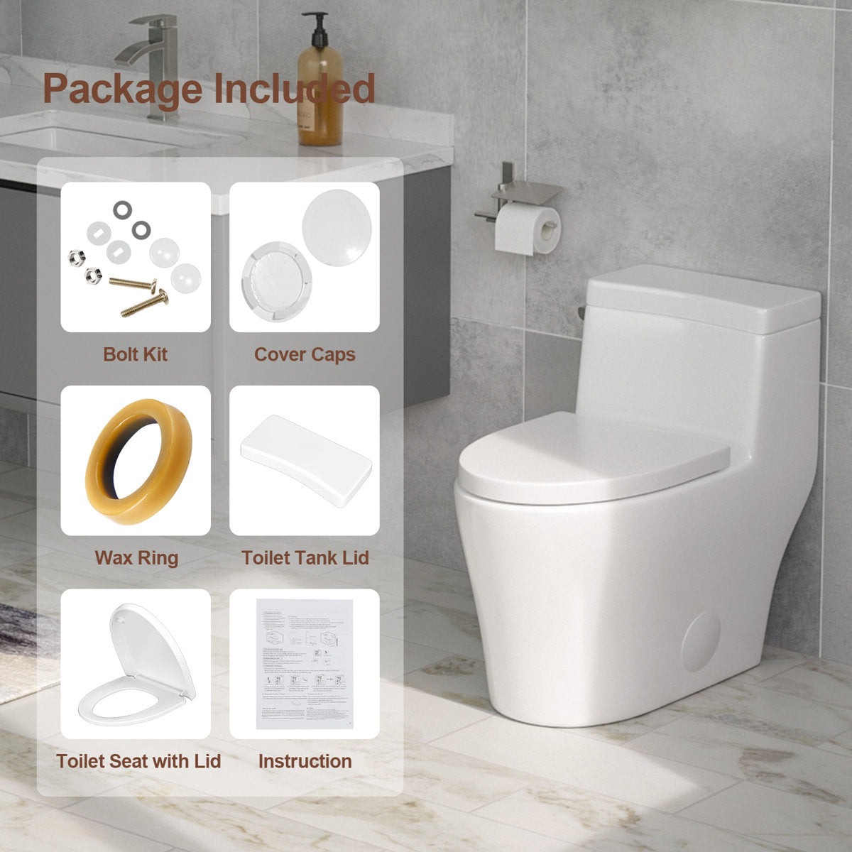 1.1/1.6 GPF Dual-Flush Elongated One-Piece Toilet with Comfort Seat Height and Ceramic Glazed Surface(Soft Close Seat Included)
