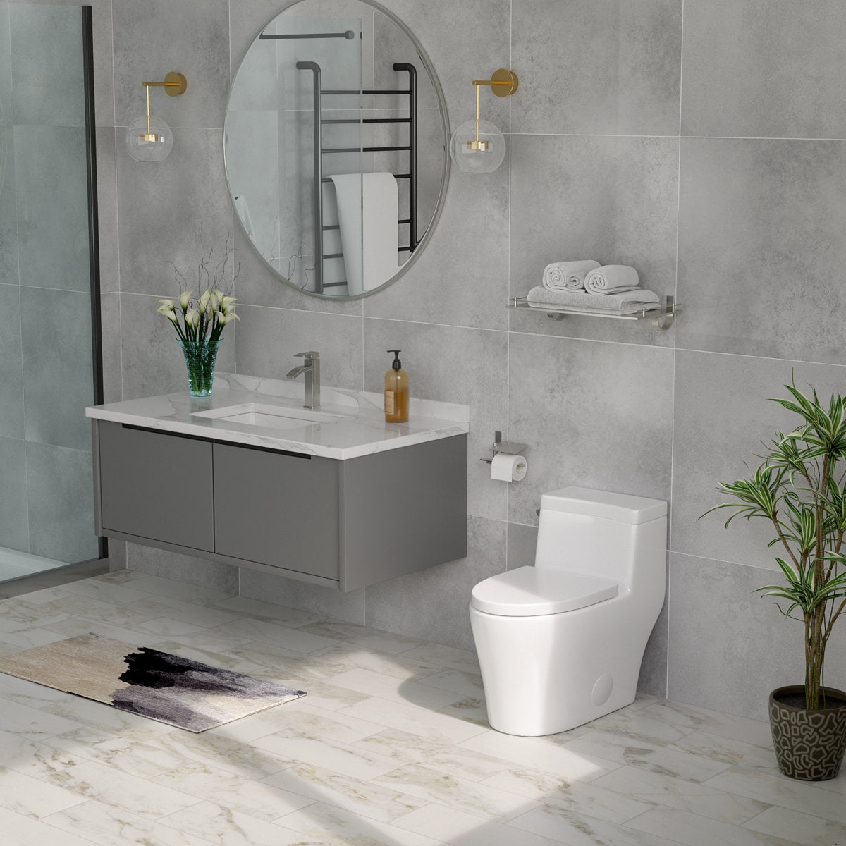 1.1/1.6 GPF Dual-Flush Elongated One-Piece Toilet with Comfort Seat Height and Ceramic Glazed Surface(Soft Close Seat Included)