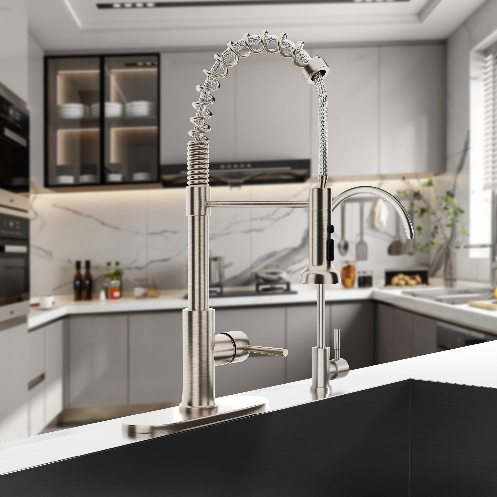 Logmey Pull-Down Kitchen Faucet - Single Handle - Brushed Nickel Metal