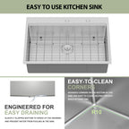 Logmey 33'' x 22'' Drop-In Workstation Kitchen Sink - 16 Gauge SUS304 Stainless Steel Single Bowl Topmount Basin with Accessories