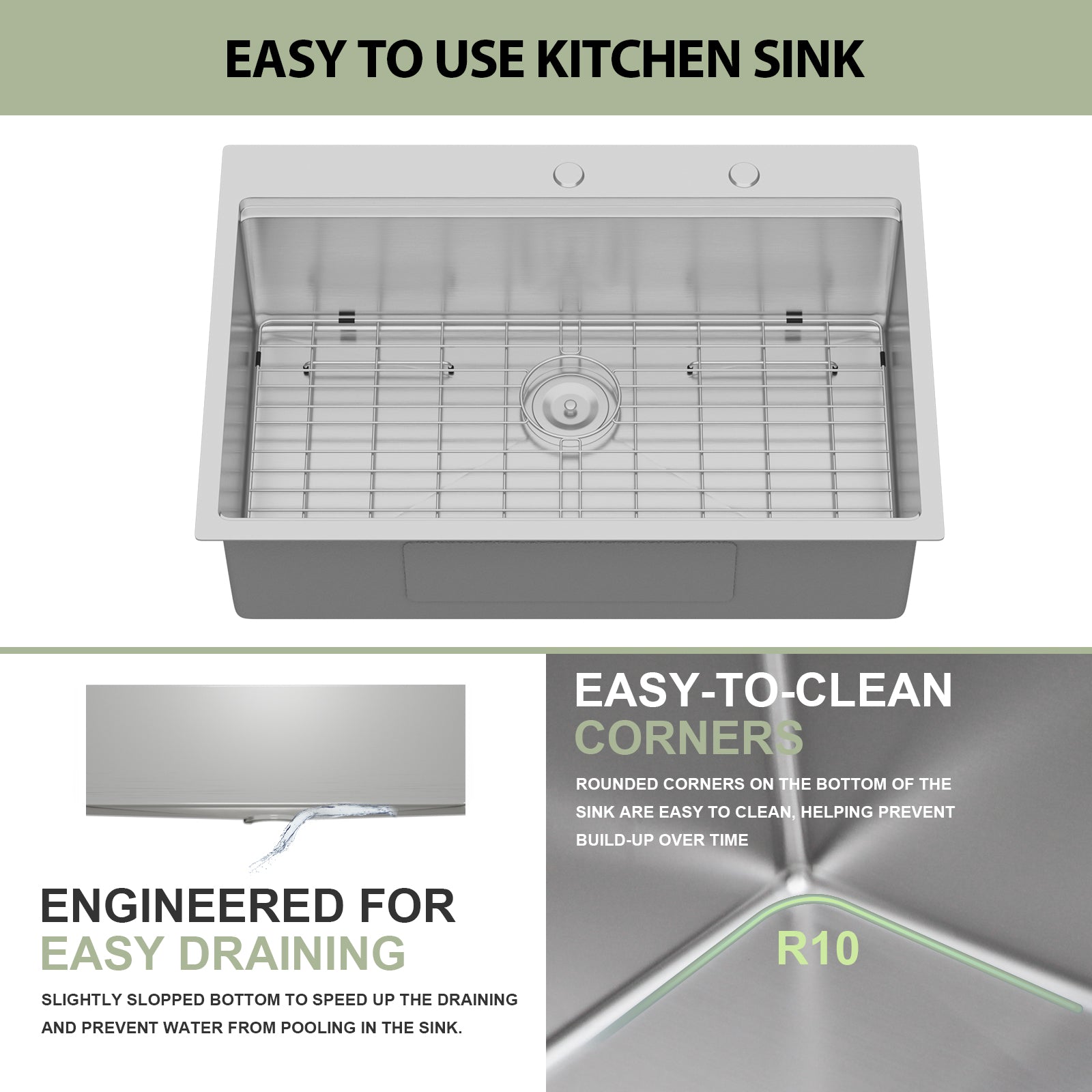 Logmey 33'' x 22'' Drop-In Workstation Kitchen Sink - 16 Gauge SUS304 Stainless Steel Single Bowl Topmount Basin with Accessories