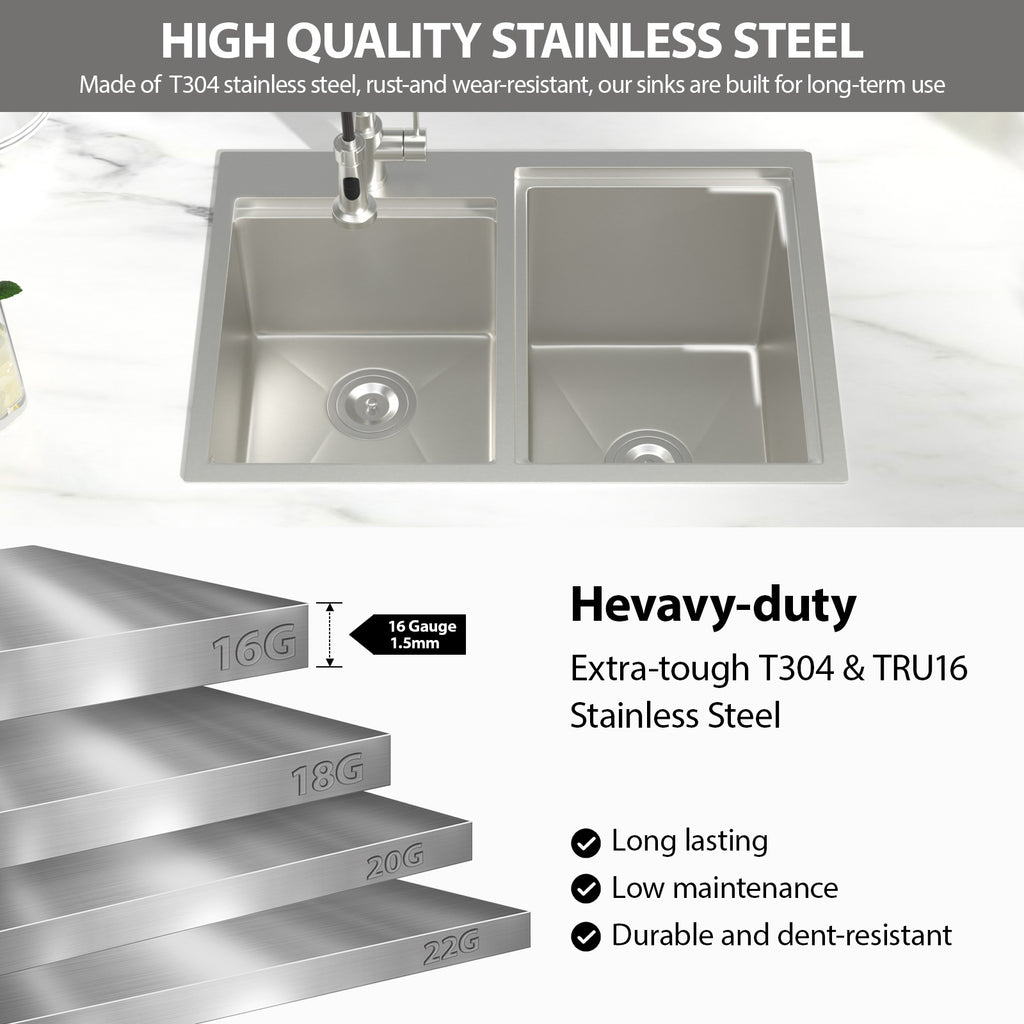 Logmey 30x20 Heavy Duty 16G T304 Stainless Steel Drop-In Double Bowl Sink Combo