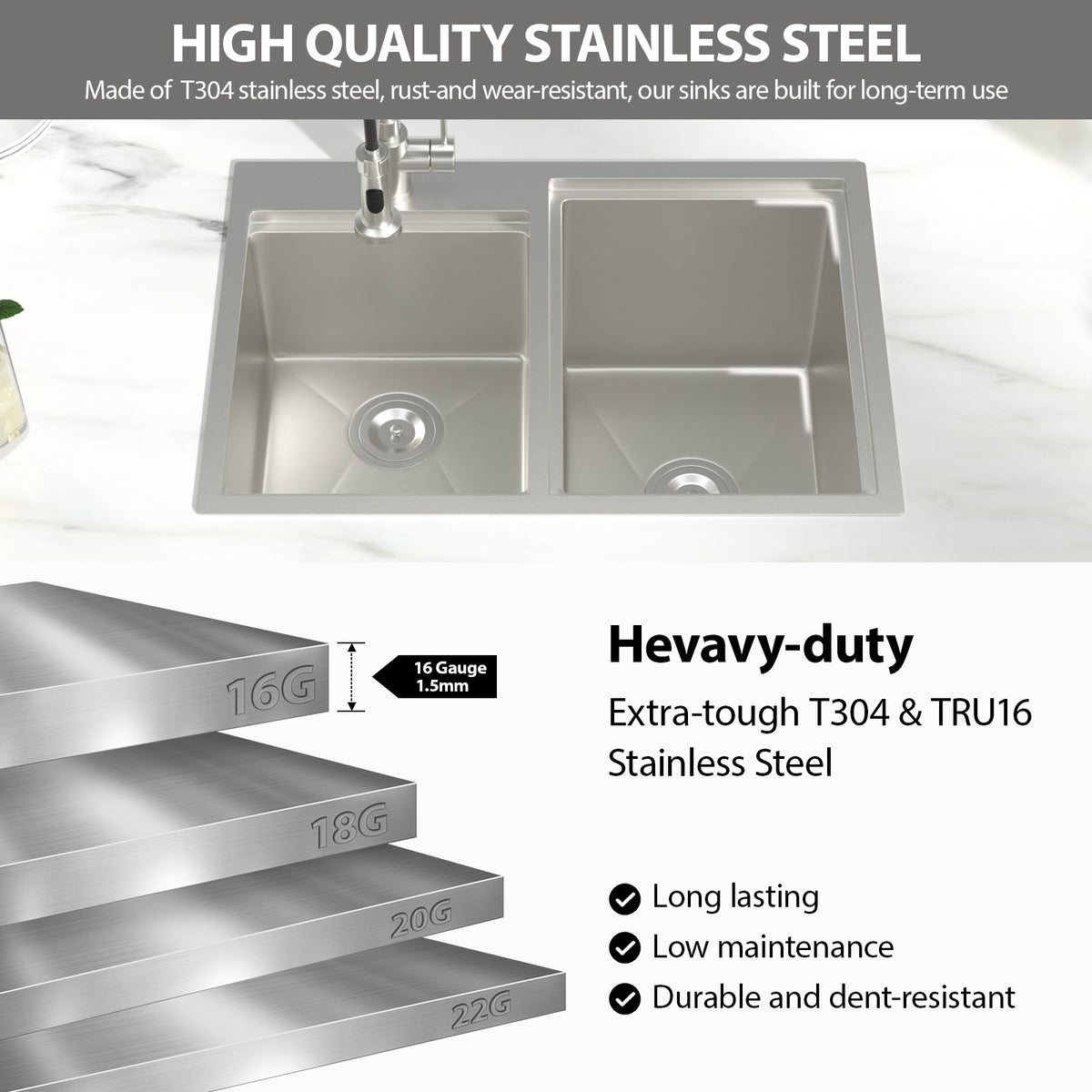 Logmey 30x20 Heavy Duty 16G T304 Stainless Steel Drop-In Double Bowl Sink Combo