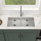Logmey 36'' x 19'' Undermount 50/50 Double Bowl Workstation Kitchen Sink - 16 Gauge Stainless Steel 10'' Deep Low-Divide Basin with Pop-Up Drains