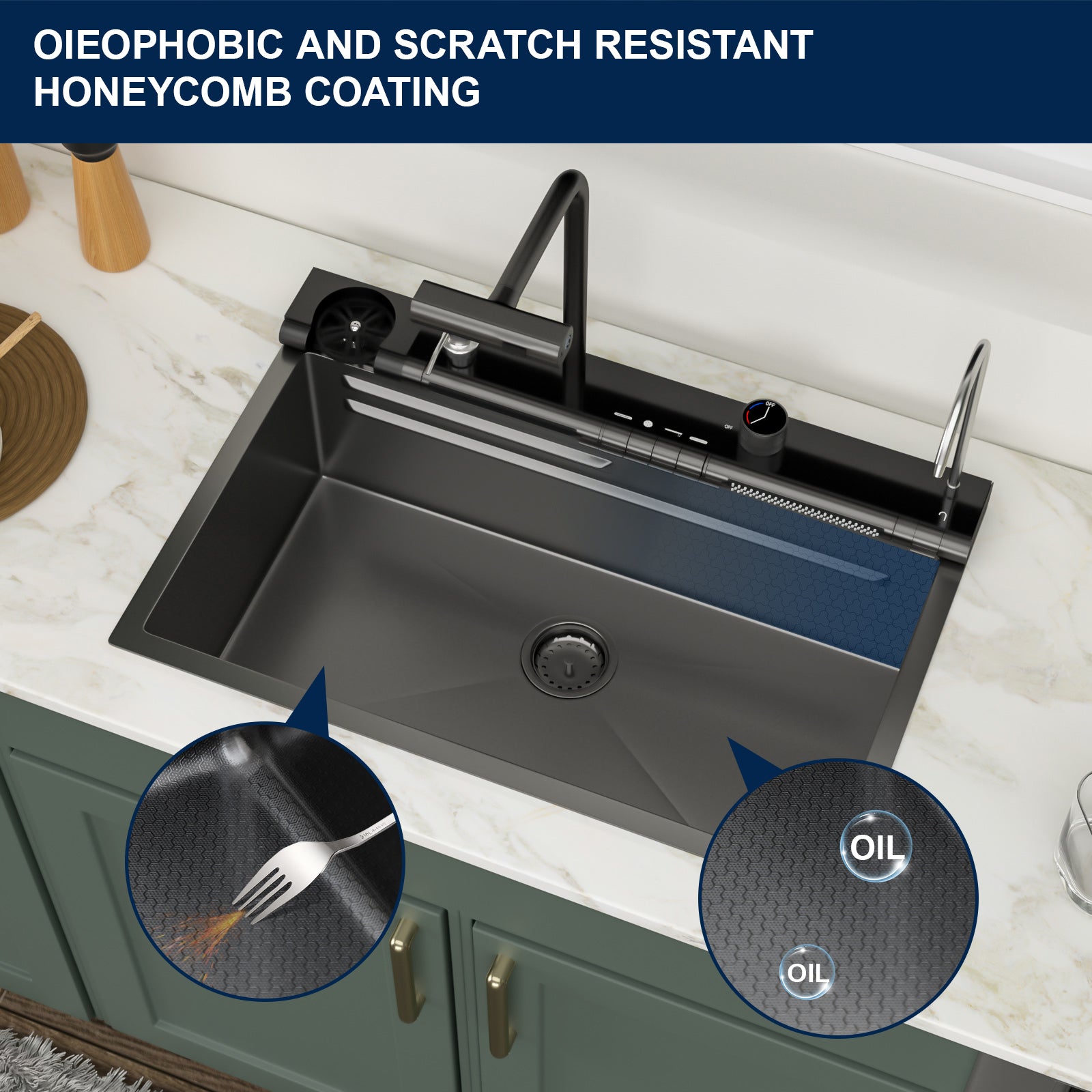Logmey 30 Inch Drop In Smart Waterfall Kitchen Sink with Digital Temperature Display Brushed Black Topmount Workstation Sink with Flying Rain Faucet
