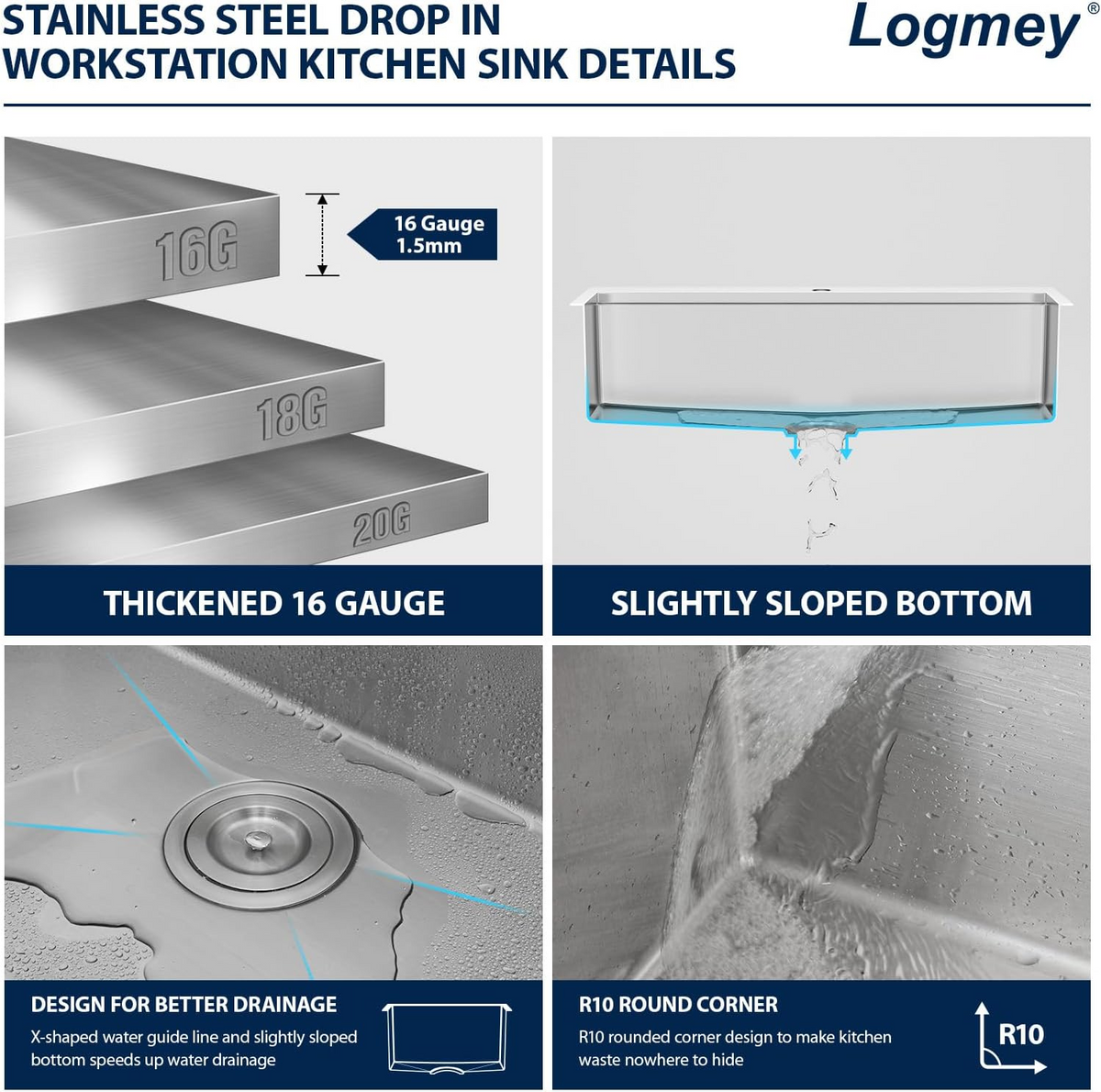 Logmey 33 Inch Topmount Stainless Steel Workstation Sink