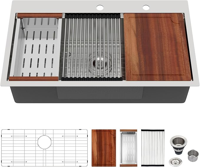 Logmey 33 Inch Topmount Stainless Steel Workstation Sink
