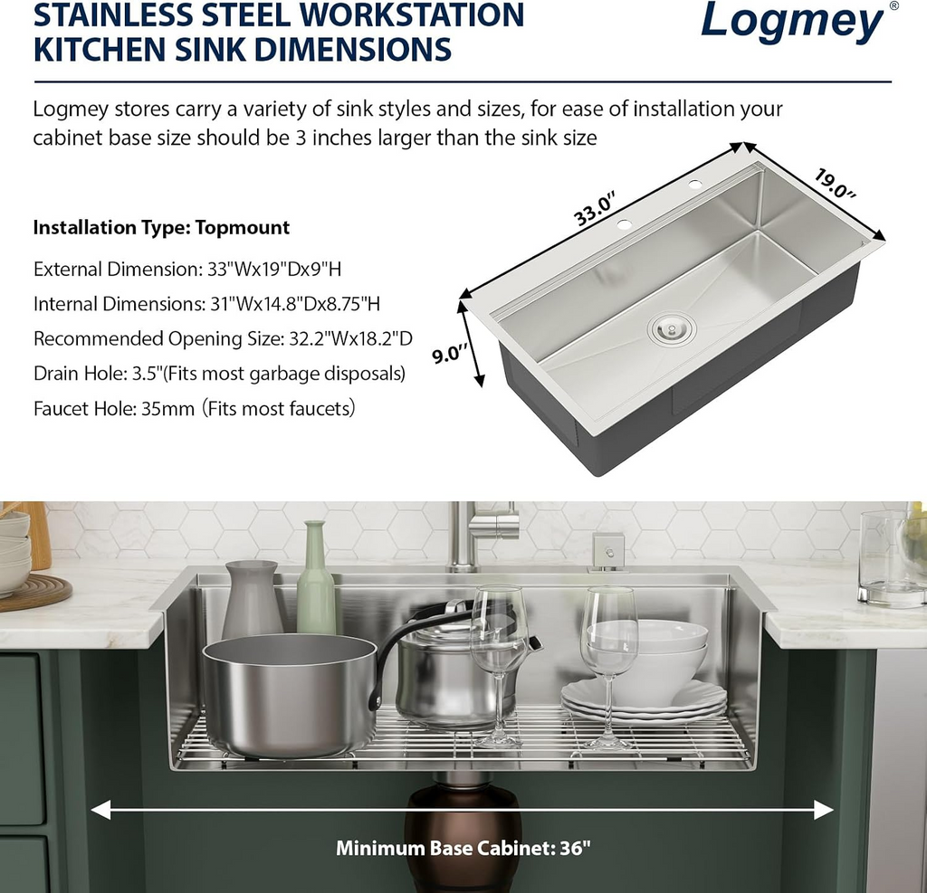 Logmey 33 Inch Topmount Stainless Steel Workstation Sink
