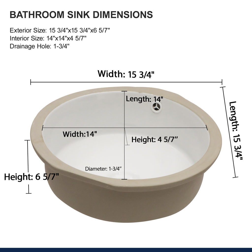 Logmey 16'' Round Undermount Bathroom Sink with Overflow