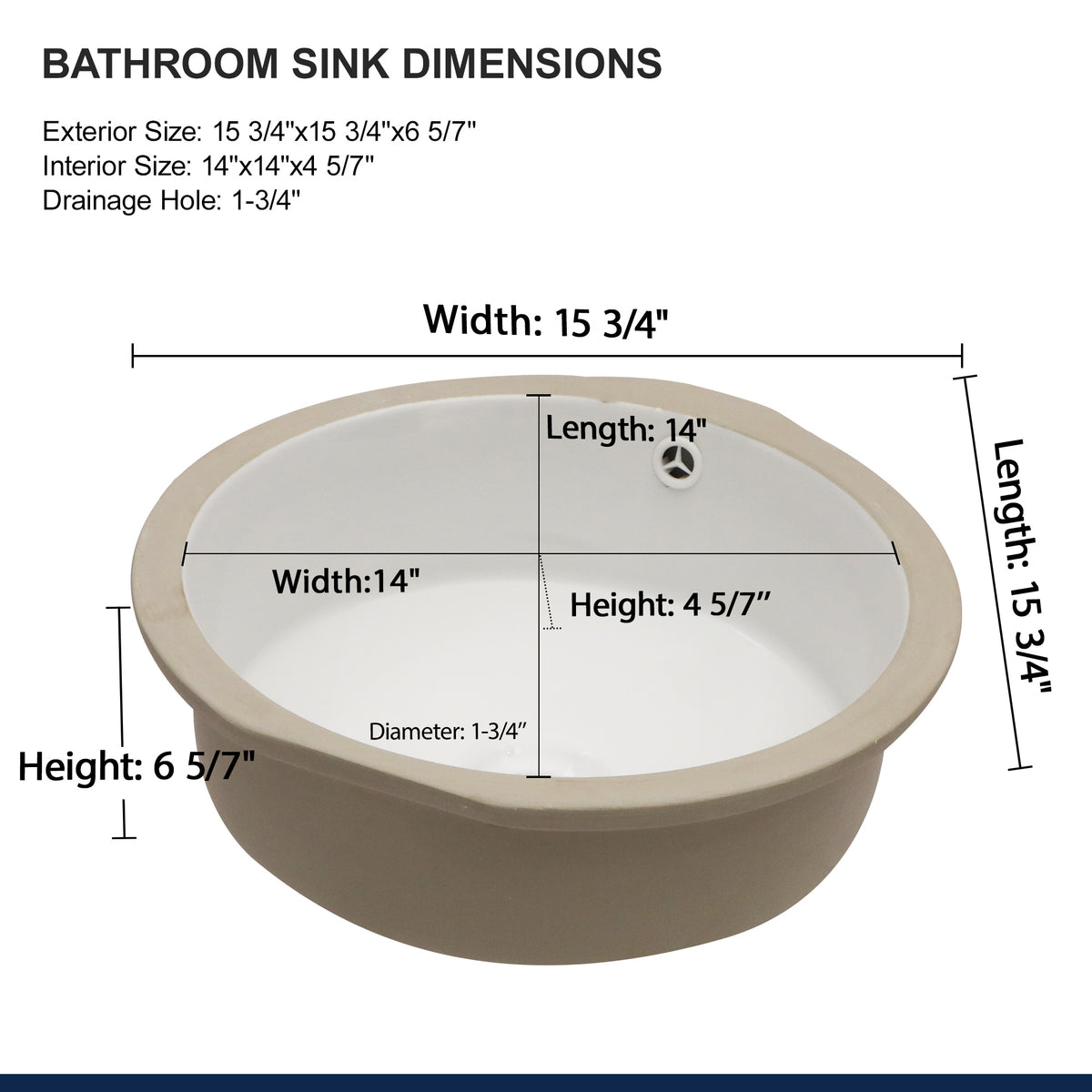Logmey 16'' Round Undermount Bathroom Sink with Overflow