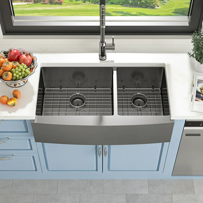 Logmey 33" x 21" Farmhouse Kitchen Sink - Stainless Steel 60/40 Double Bowl Apron Front Sink with Roll-Up Rack & Grids