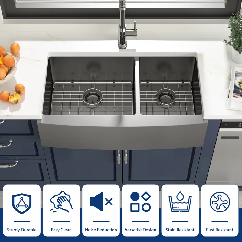 Logmey 33" x 21" Farmhouse Kitchen Sink - Stainless Steel 60/40 Double Bowl Apron Front Sink with Roll-Up Rack & Grids