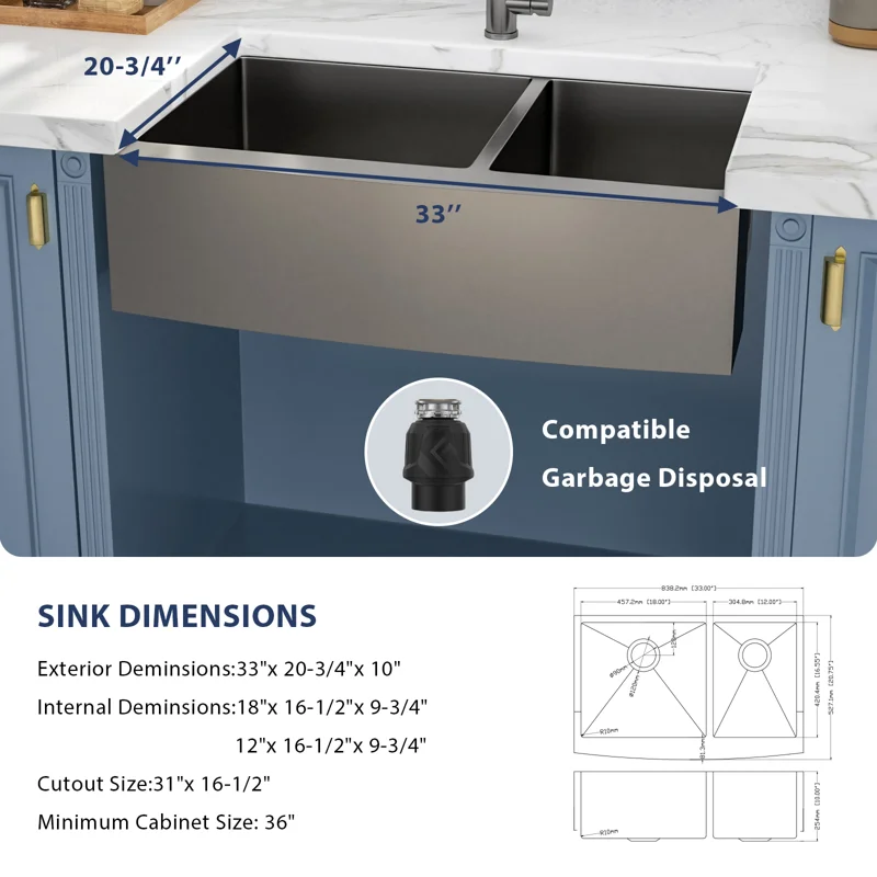 Logmey 33" x 21" Farmhouse Kitchen Sink - Stainless Steel 60/40 Double Bowl Apron Front Sink with Roll-Up Rack & Grids
