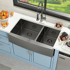 Logmey 33" x 21" Farmhouse Kitchen Sink - Stainless Steel 60/40 Double Bowl Apron Front Sink with Roll-Up Rack & Grids