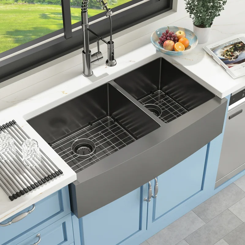 Logmey 33" x 21" Farmhouse Kitchen Sink - Stainless Steel 60/40 Double Bowl Apron Front Sink with Roll-Up Rack & Grids