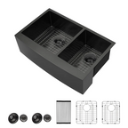 Logmey 33" x 21" Farmhouse Kitchen Sink - Stainless Steel 60/40 Double Bowl Apron Front Sink with Roll-Up Rack & Grids