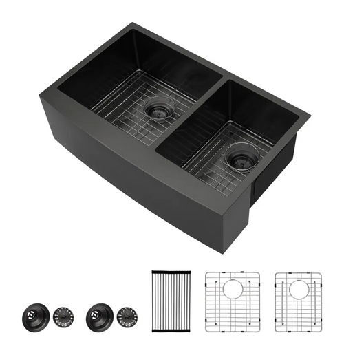 Logmey 33" x 21" Farmhouse Kitchen Sink - Stainless Steel 60/40 Double Bowl Apron Front Sink with Roll-Up Rack & Grids