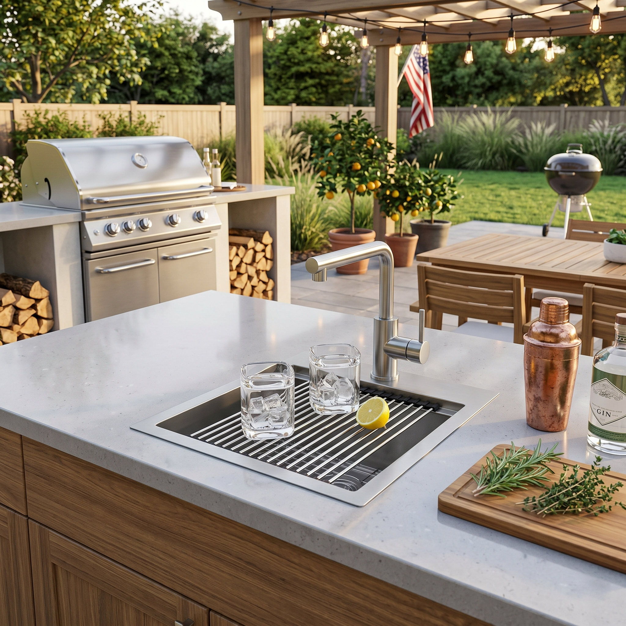 Logmey 15" Outdoor Undermount Workstation Sink with Faucet Set for Backyard, Bar & RVorkstation Bar Sink - Drop-In Single Bowl with Pull-out Faucet - Silver Stainless Steel