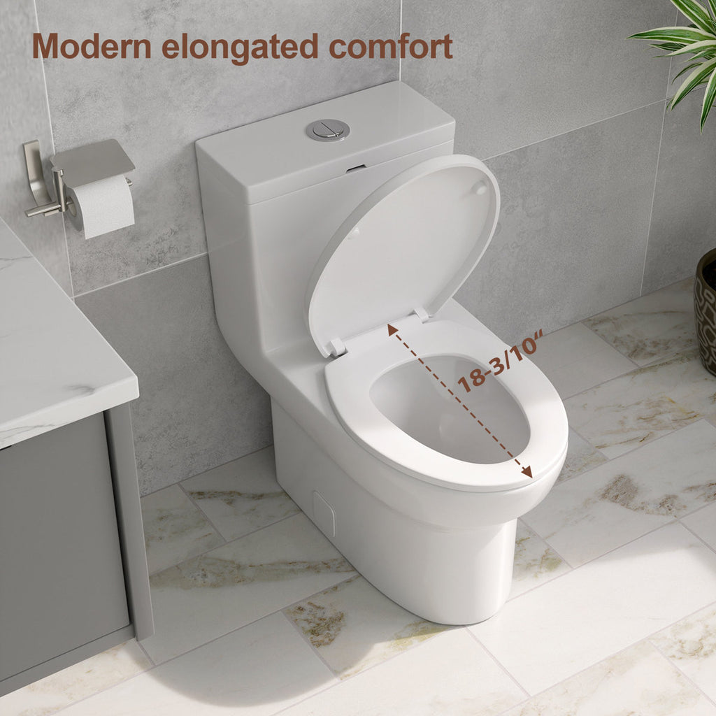 18'' Comfort Height Standard Toilet, Dual-Flush Modern Elongated One-Piece Toilet with Glazed Surface (Seat lncluded)