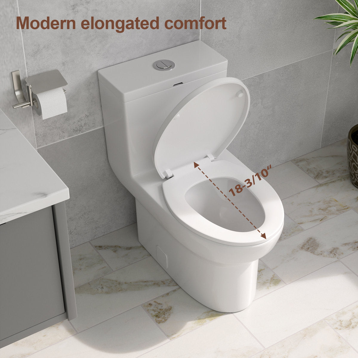 18'' Comfort Height Standard Toilet, Dual-Flush Modern Elongated One-Piece Toilet with Glazed Surface (Seat lncluded)