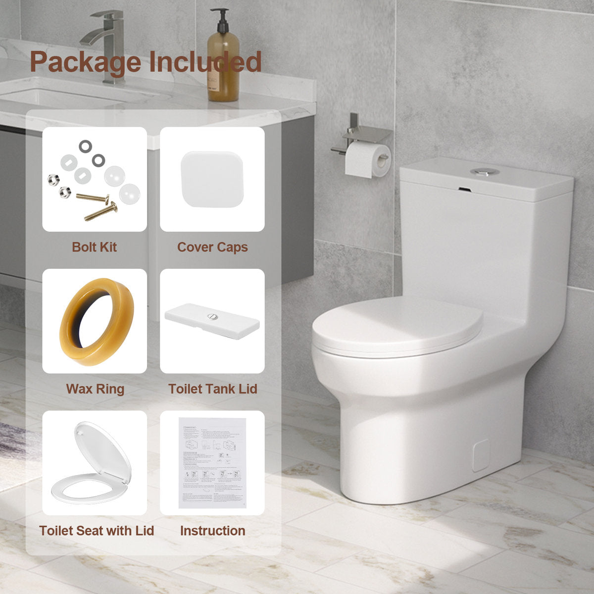 18'' Comfort Height Standard Toilet, Dual-Flush Modern Elongated One-Piece Toilet with Glazed Surface (Seat lncluded)