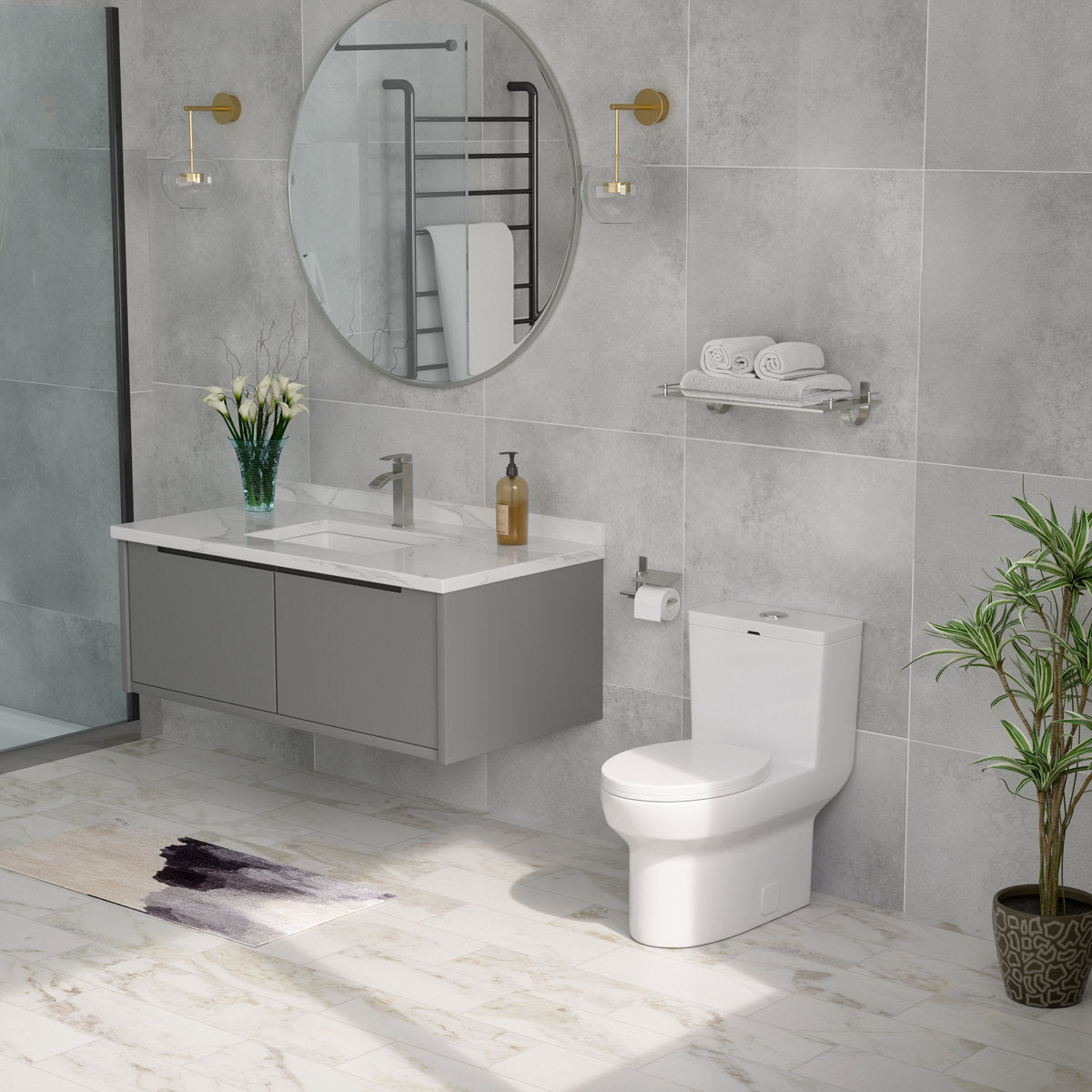 18'' Comfort Height Standard Toilet, Dual-Flush Modern Elongated One-Piece Toilet with Glazed Surface (Seat lncluded)