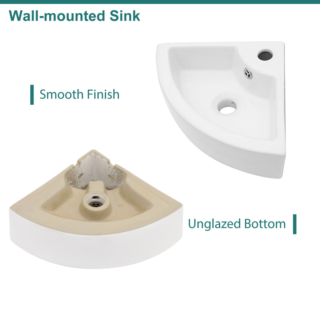18''X13'' Corner Wall Mounted Bathroom Sink White Floating Triangle Lavatory Sink for Small Spaces