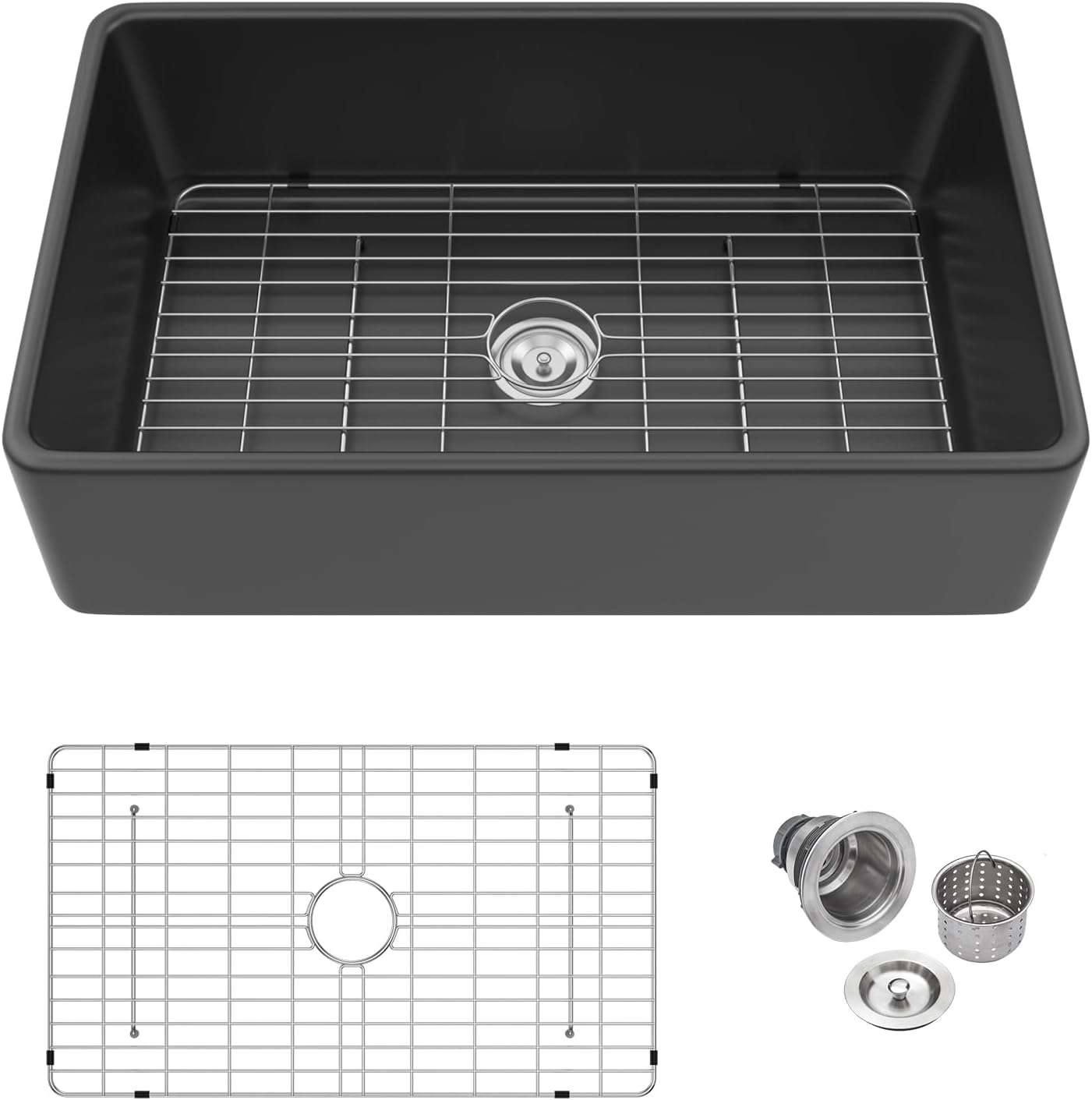 Logmey 33''L x 20''W Farmhouse Kitchen Sink - Apron Front Single Bowl - Matte Black & White Fireclay Ceramic Sink