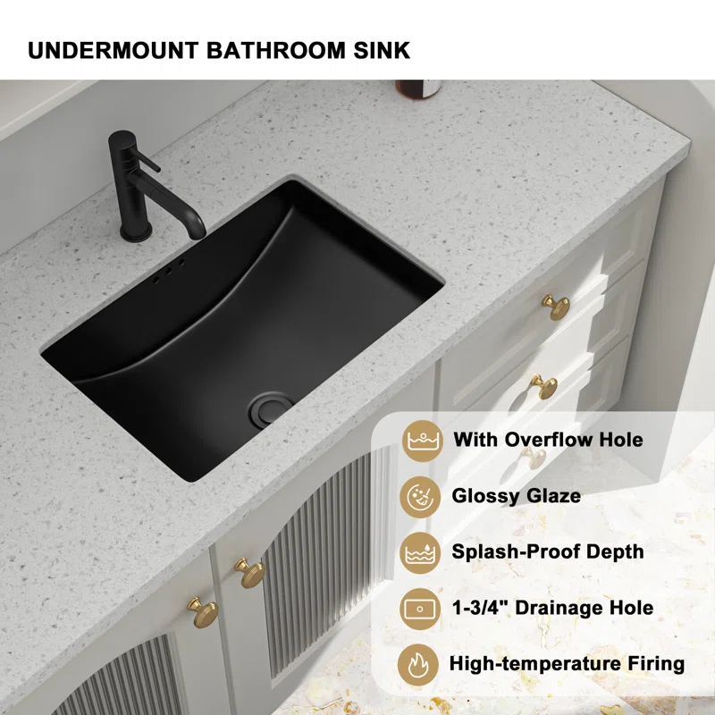 Logmey 21" Matte Black Undermount Bathroom Sink Rectangular Porcelain Lavatory Sink