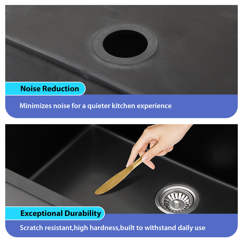 Logmey 33 Inch Black Quartz Composite Kitchen Sink, Undermount Single Bowl Workstation Sink with Drying Rack & Bamboo Cutting Board