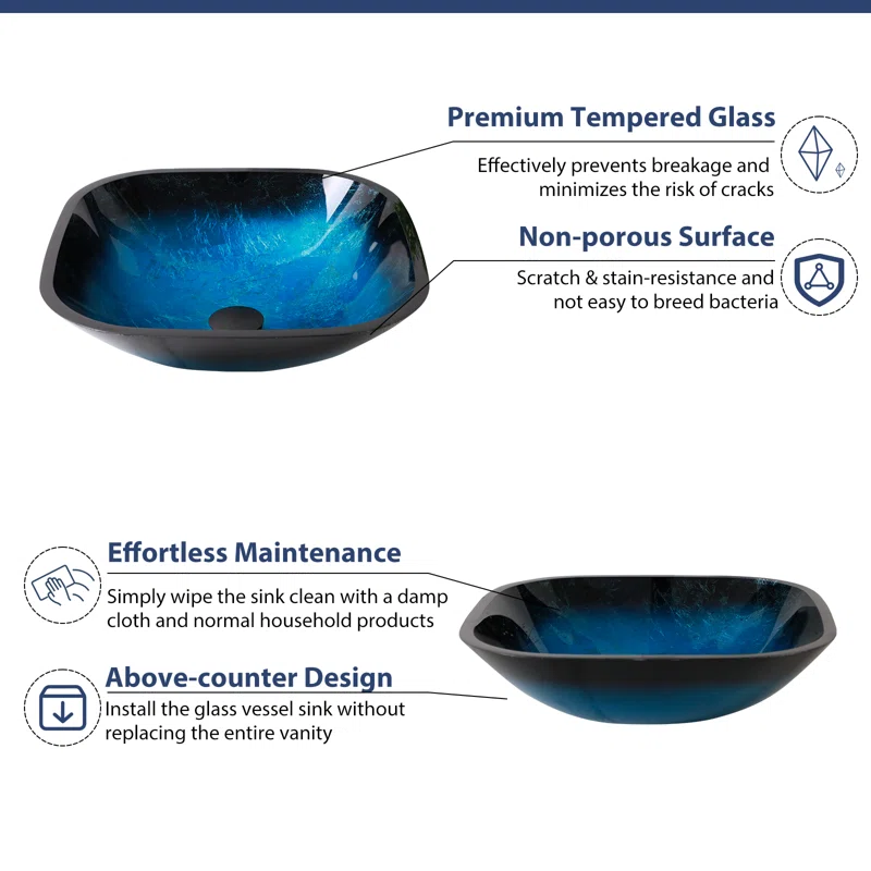 Logmey 16" Square Tempered Glass Bathroom Vessel Sink Set with Faucet