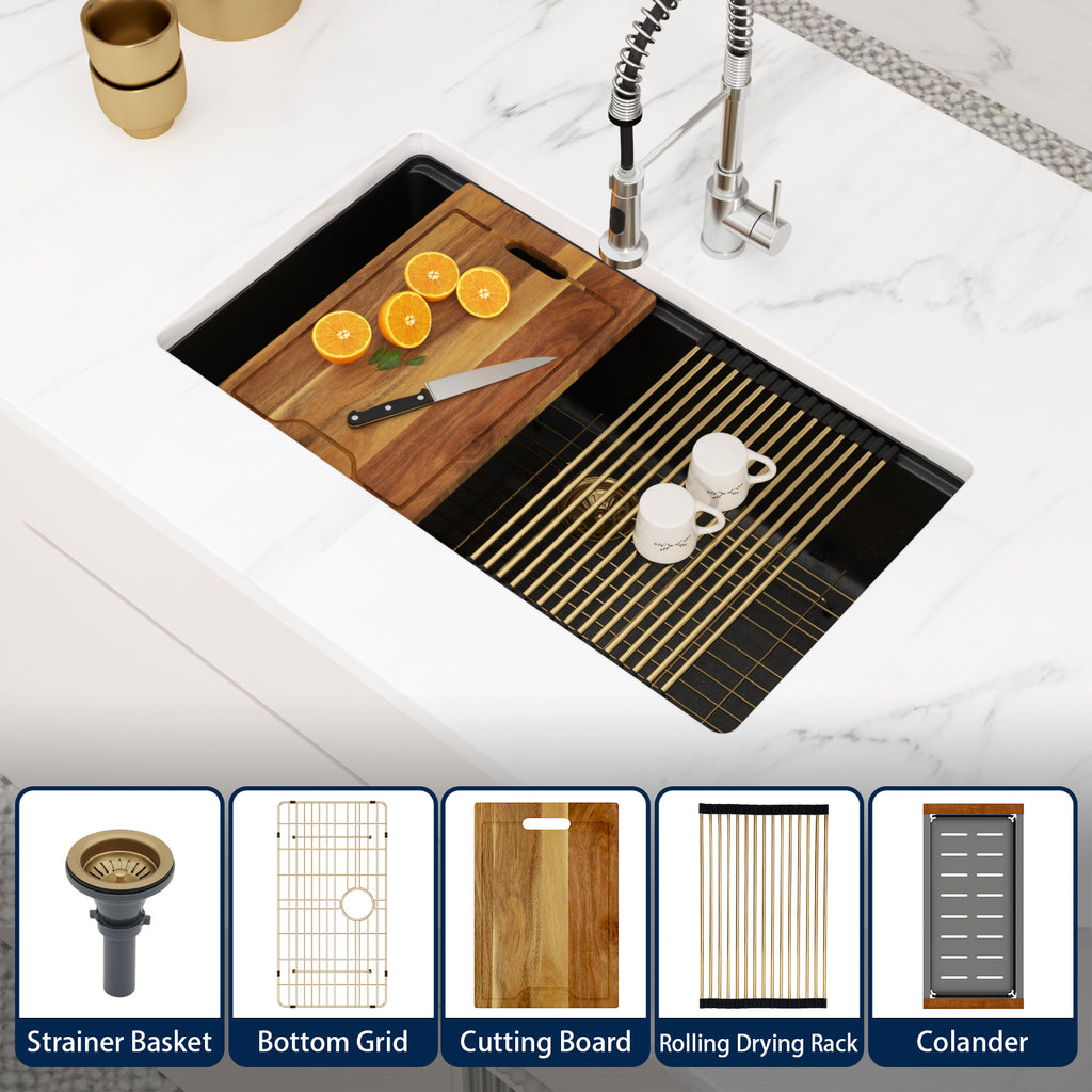 Logmey 33 Inch Black Granite Composite Kitchen Sink Workstation with Brushed Gold Accessories