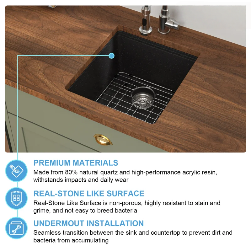 Logmey 17" Undermount Quartz Workstation Kitchen Sink - Black