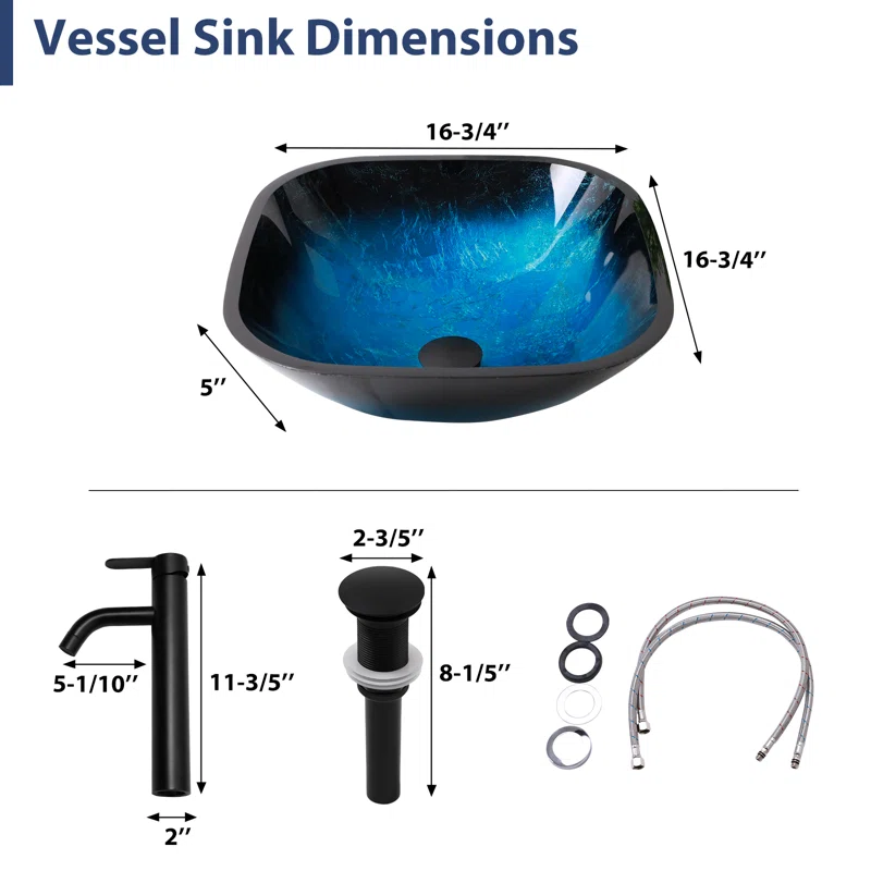 Logmey 16" Square Tempered Glass Bathroom Vessel Sink Set with Faucet