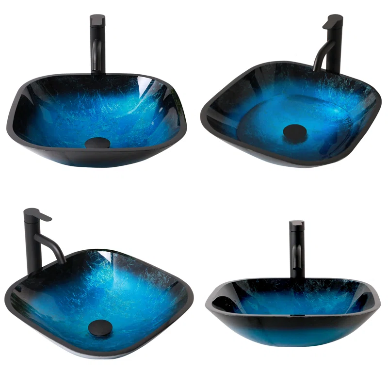 Logmey 16" Square Tempered Glass Bathroom Vessel Sink Set with Faucet